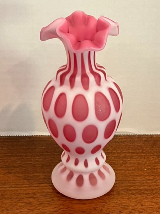 Fenton Satin Frosted Coin Dot Cranberry Pink Ruffled Vase